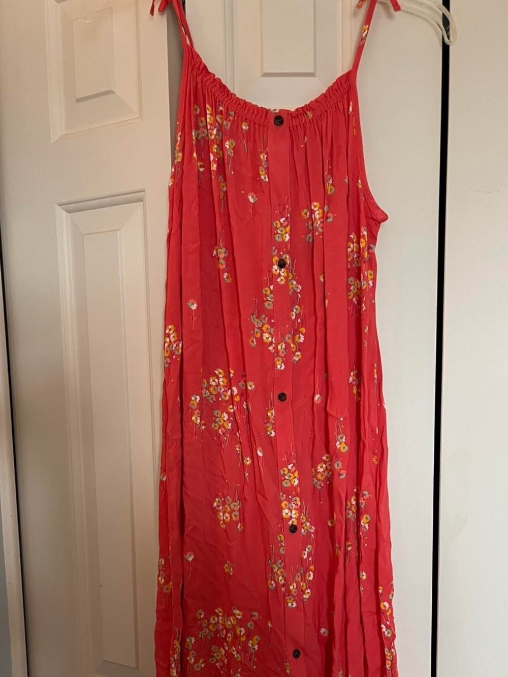 Coral Floral Button-Front Maxi Dress with Adjustable Straps
